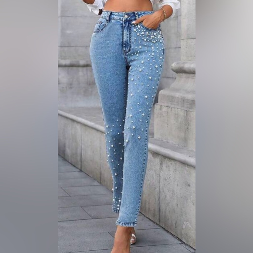 Pearl Embellished Blue Skinny, Stretch Denim Jeans | 6 Medium | NWT - Picture 6 of 9